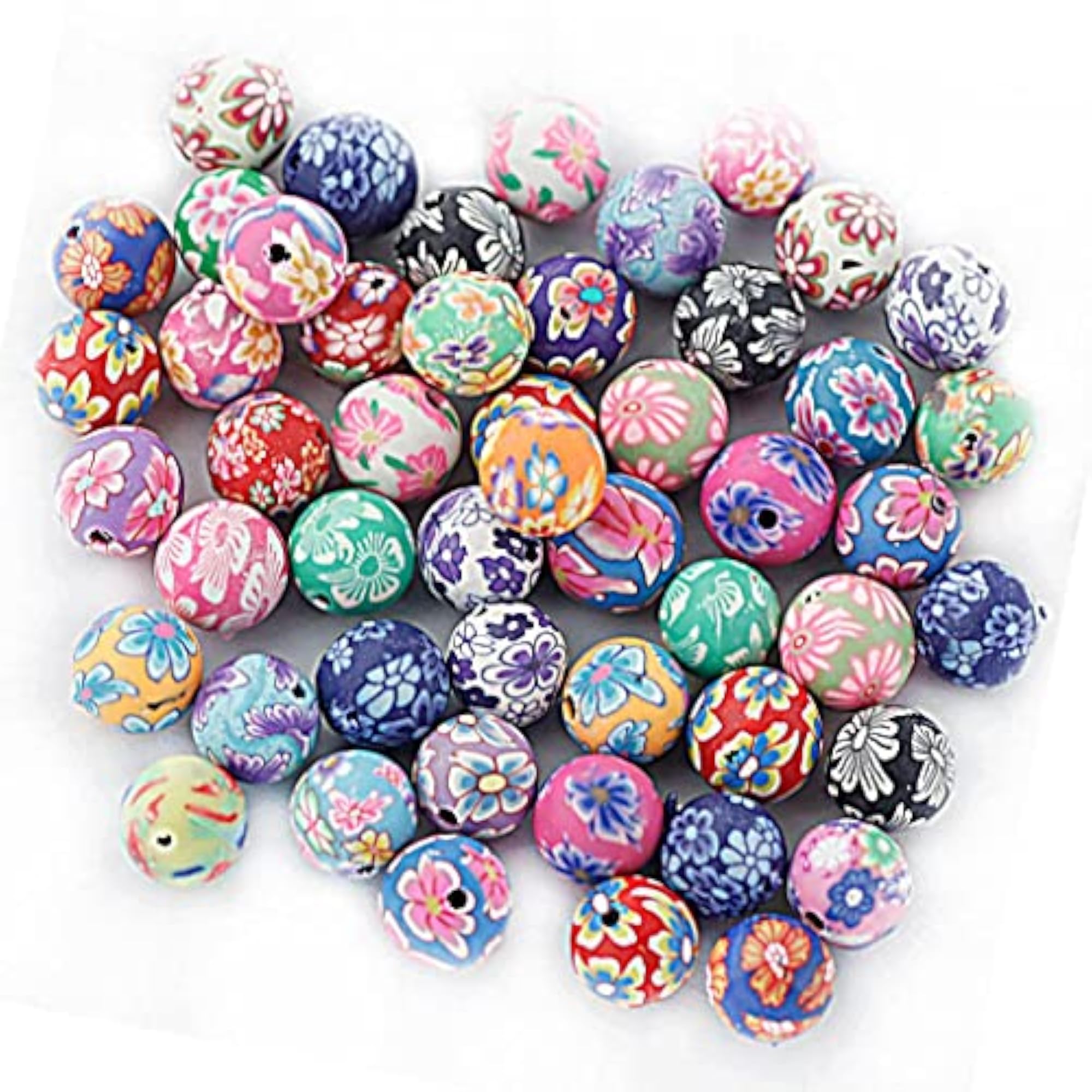 Floral Polymer Clay Round Beads, Craft Accessories